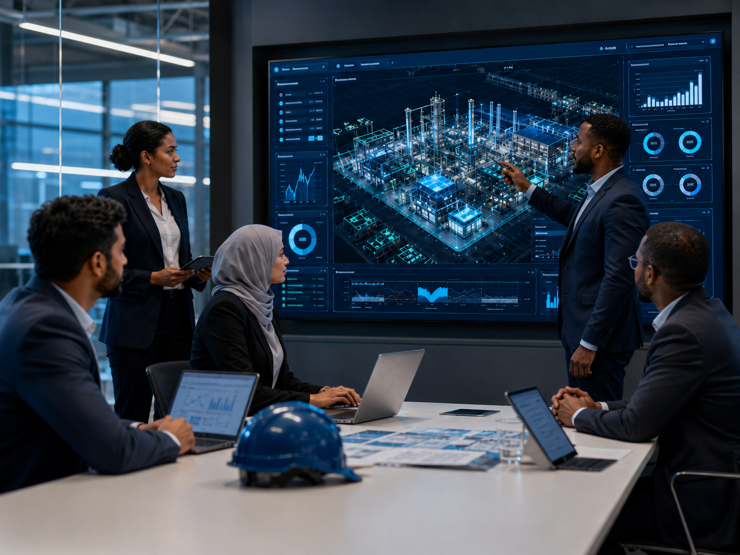 Engineering team reviewing a digital twin deployment dashboard