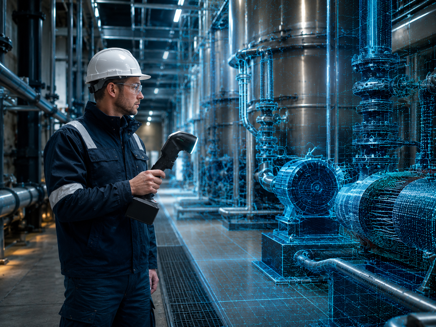 Industrial specialist using a handheld 3D scanning device in a process facility